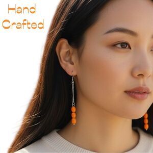 Hand Crafted Orange Beads With Silver Chain Earrings NWT